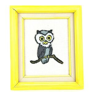 VTG 70s Crewel Embroidery Gray Owl on A Branch Yellow Wooden Frame